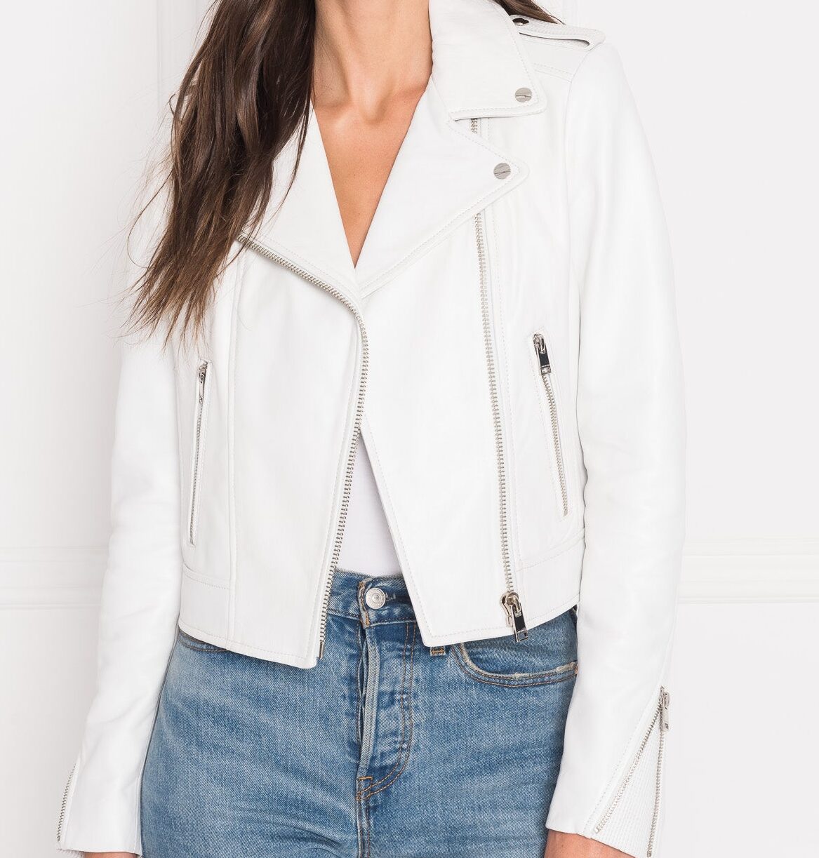 DONNA White Classic Leather Biker Jacket