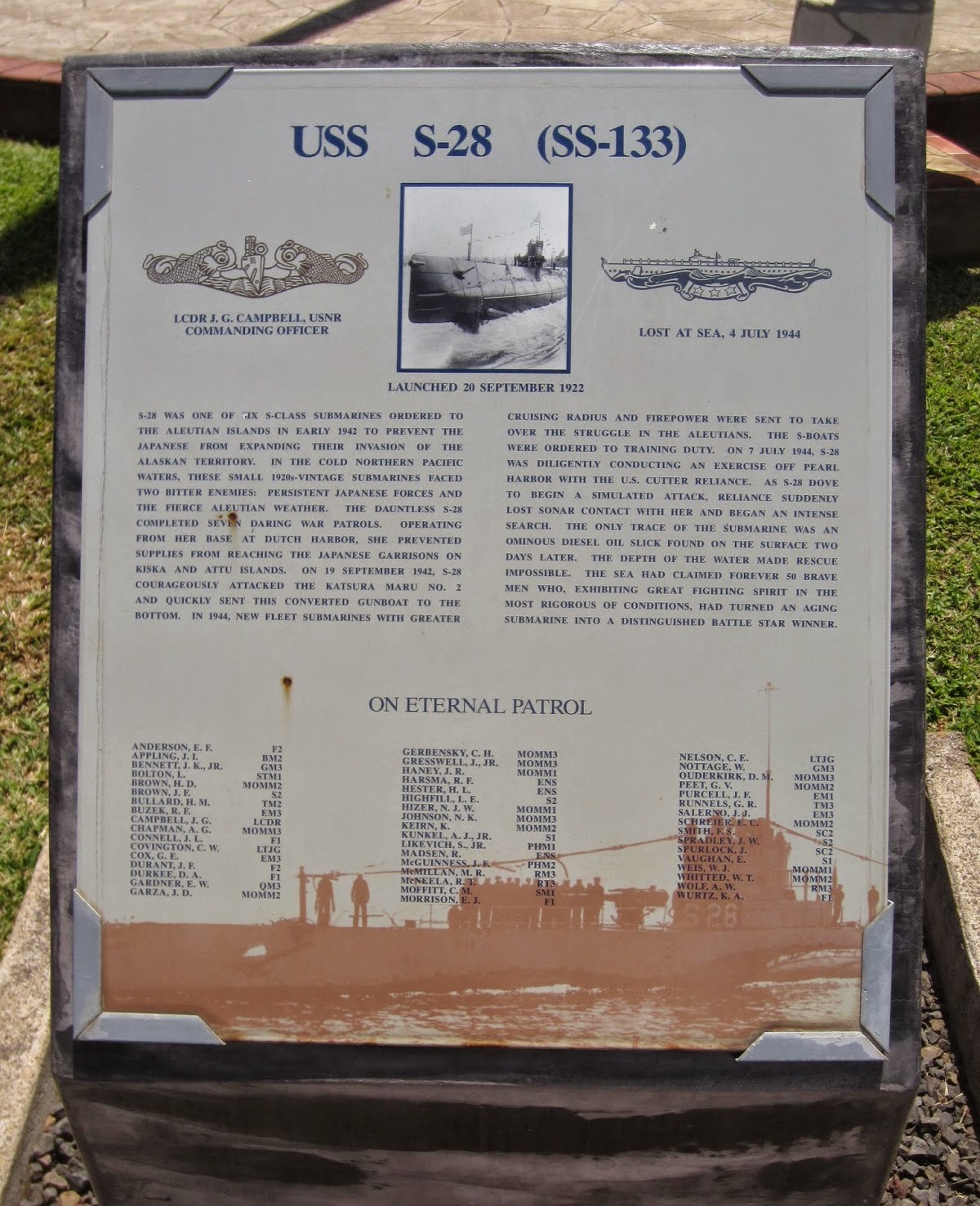 USS S-28 Submarine Memorial Plaque