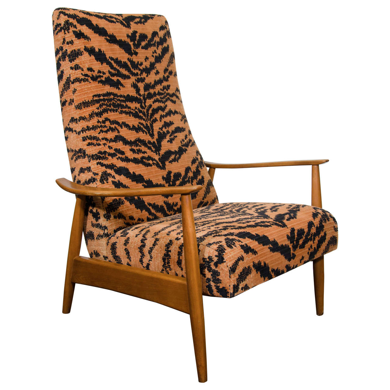 Midcentury Teak Recliner with Tiger Velvet Upholstery by Milo Baughman