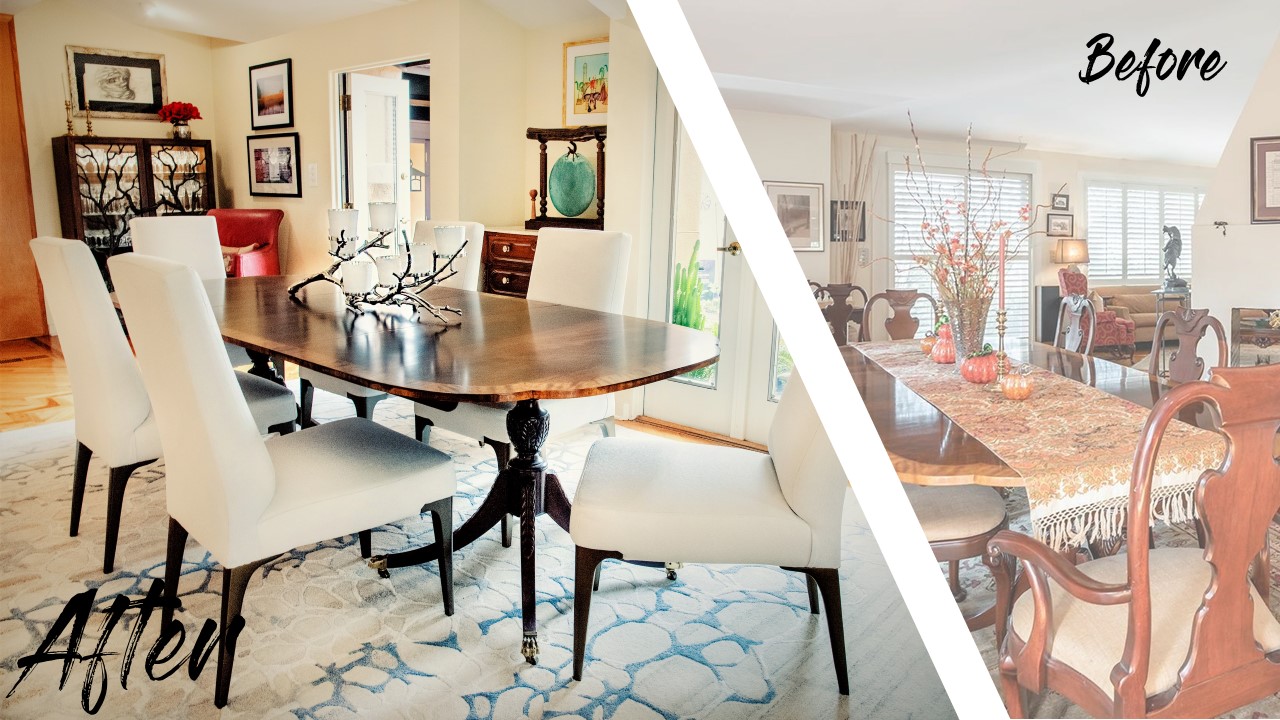 Modern dining room interior design.  Before and after
